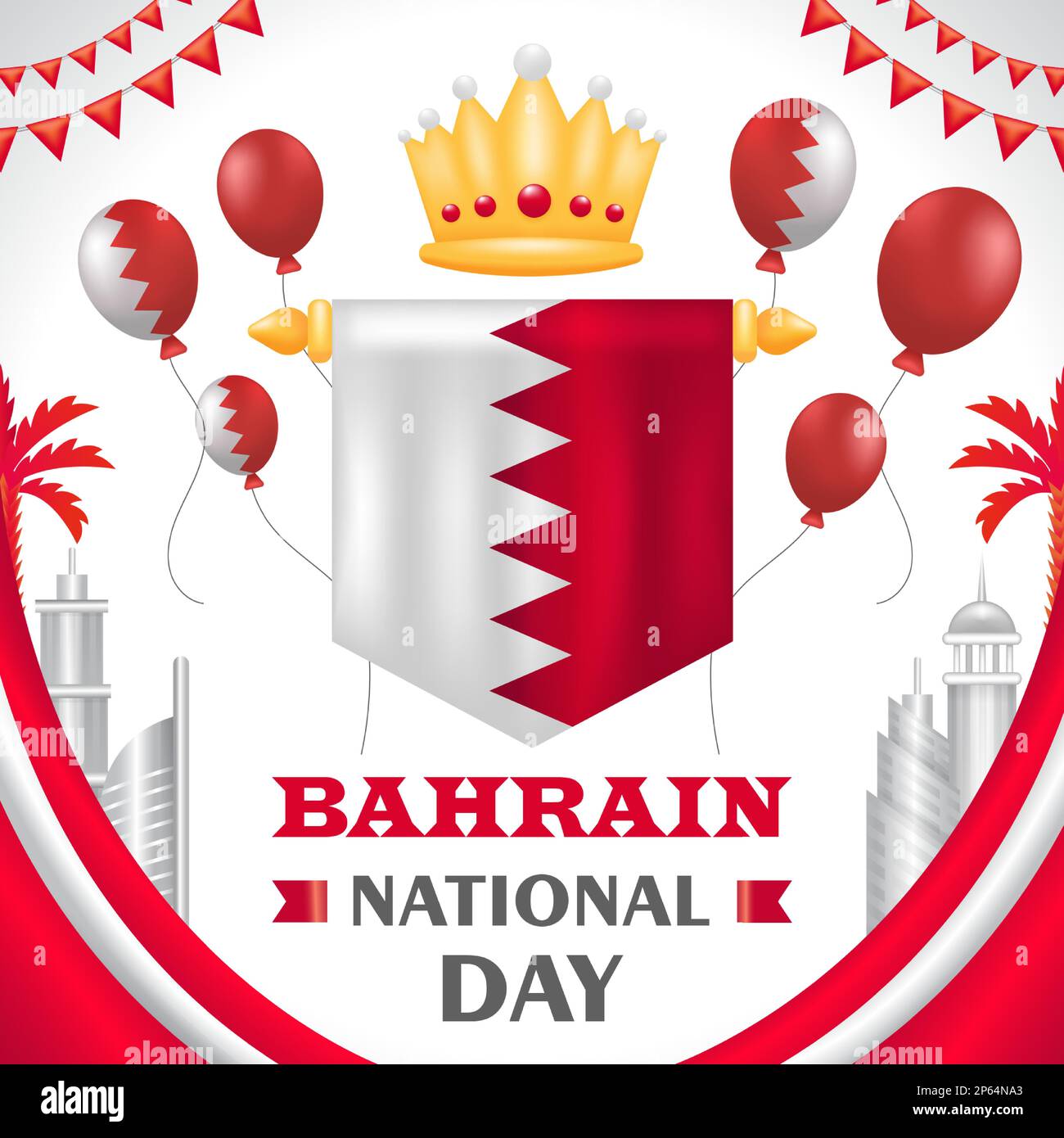 Bahrain National Day, 3d illustration of flag and crown with building ornaments and balloons Stock Vector