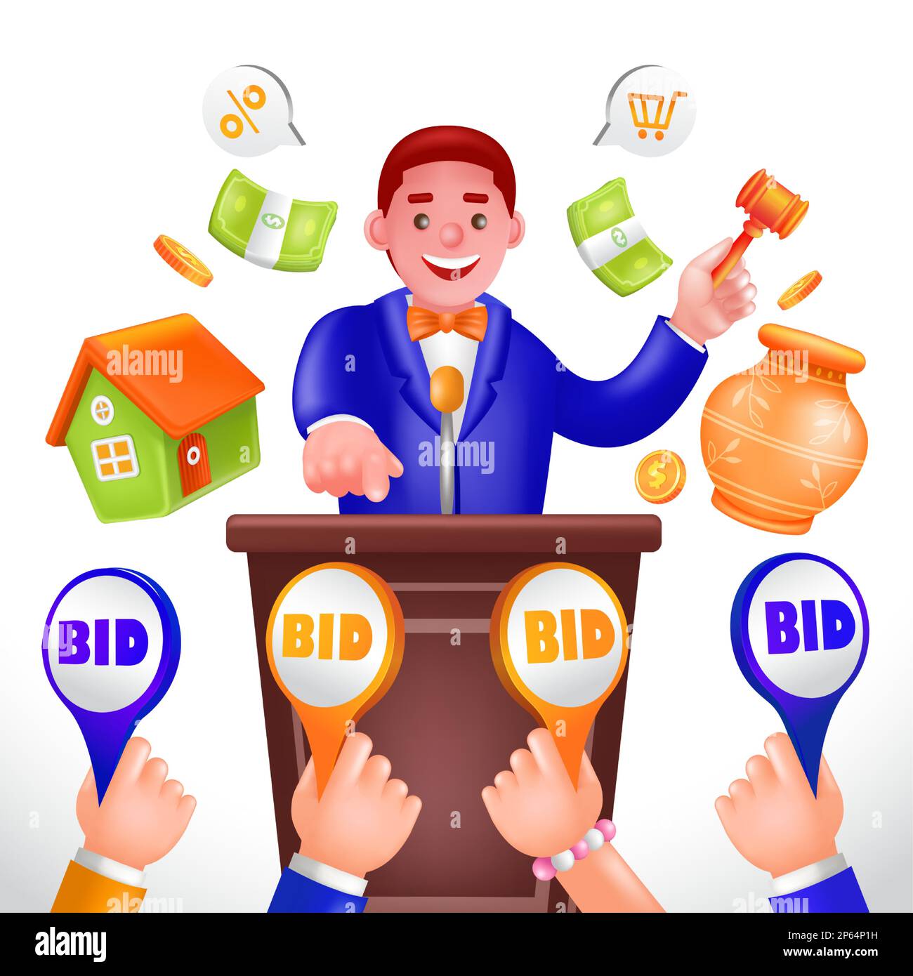 Auction, 3d illustration of an auctioneer speaking into a microphone and selecting a buyer's bid Stock Vector