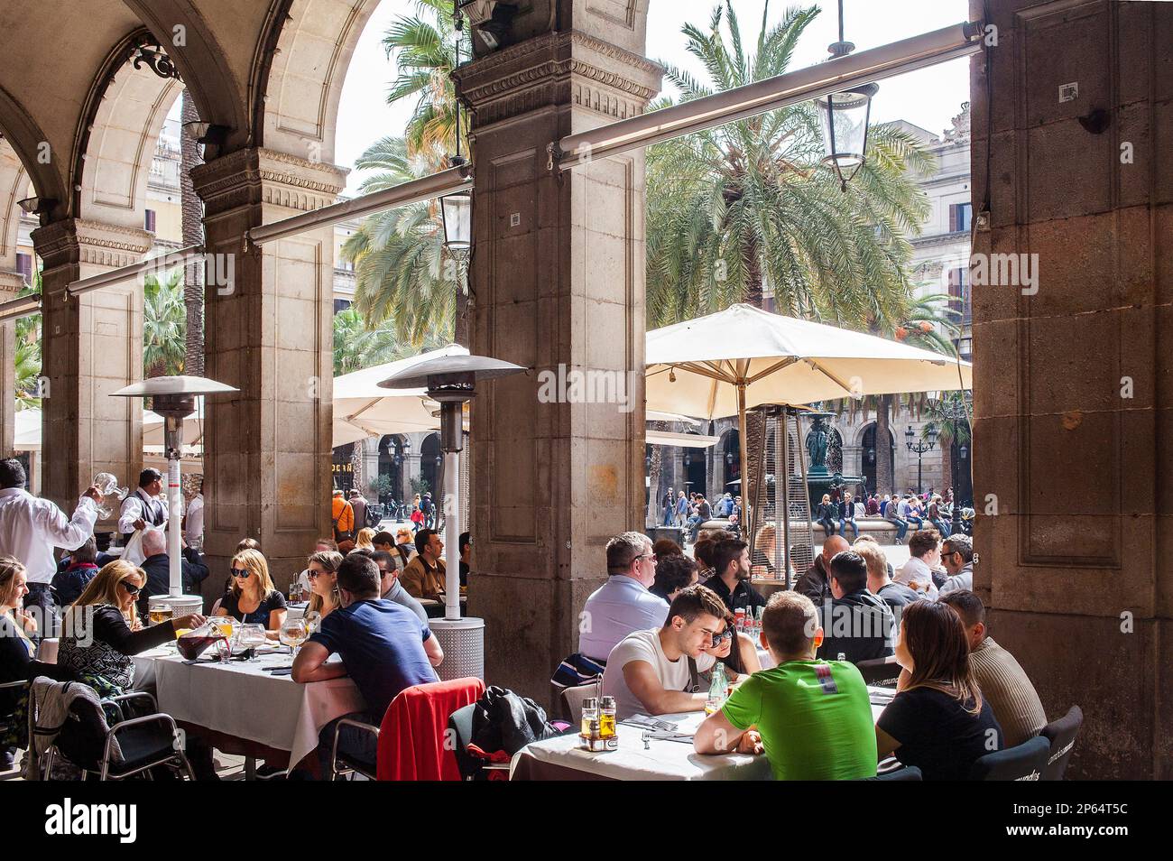 Outdoor restaurants in the Plaça Reial, Barcelona, Spain Stock Photo