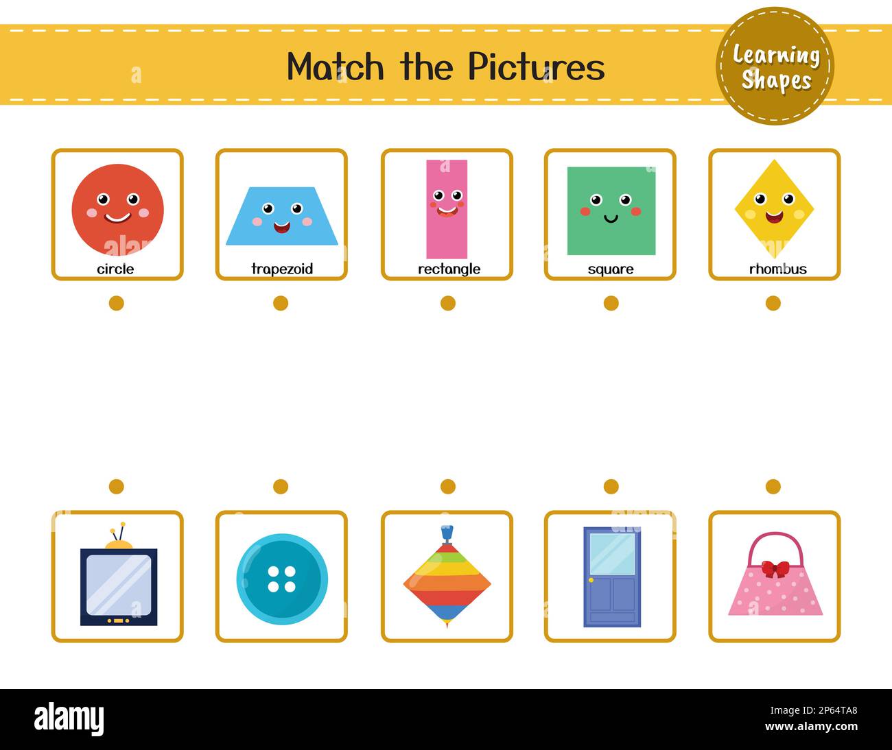 Match the shapes with objects. Puzzle activity page for kids. Learning shapes matching game Stock Vector
