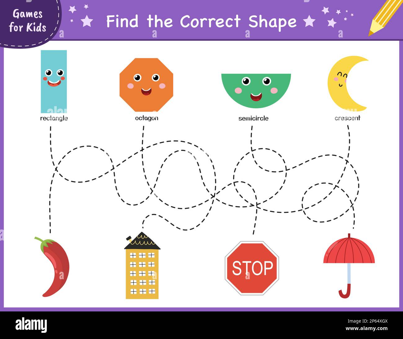 Find the correct shape puzzle game. Fun maze for kids. Learning shapes activity page Stock Vector
