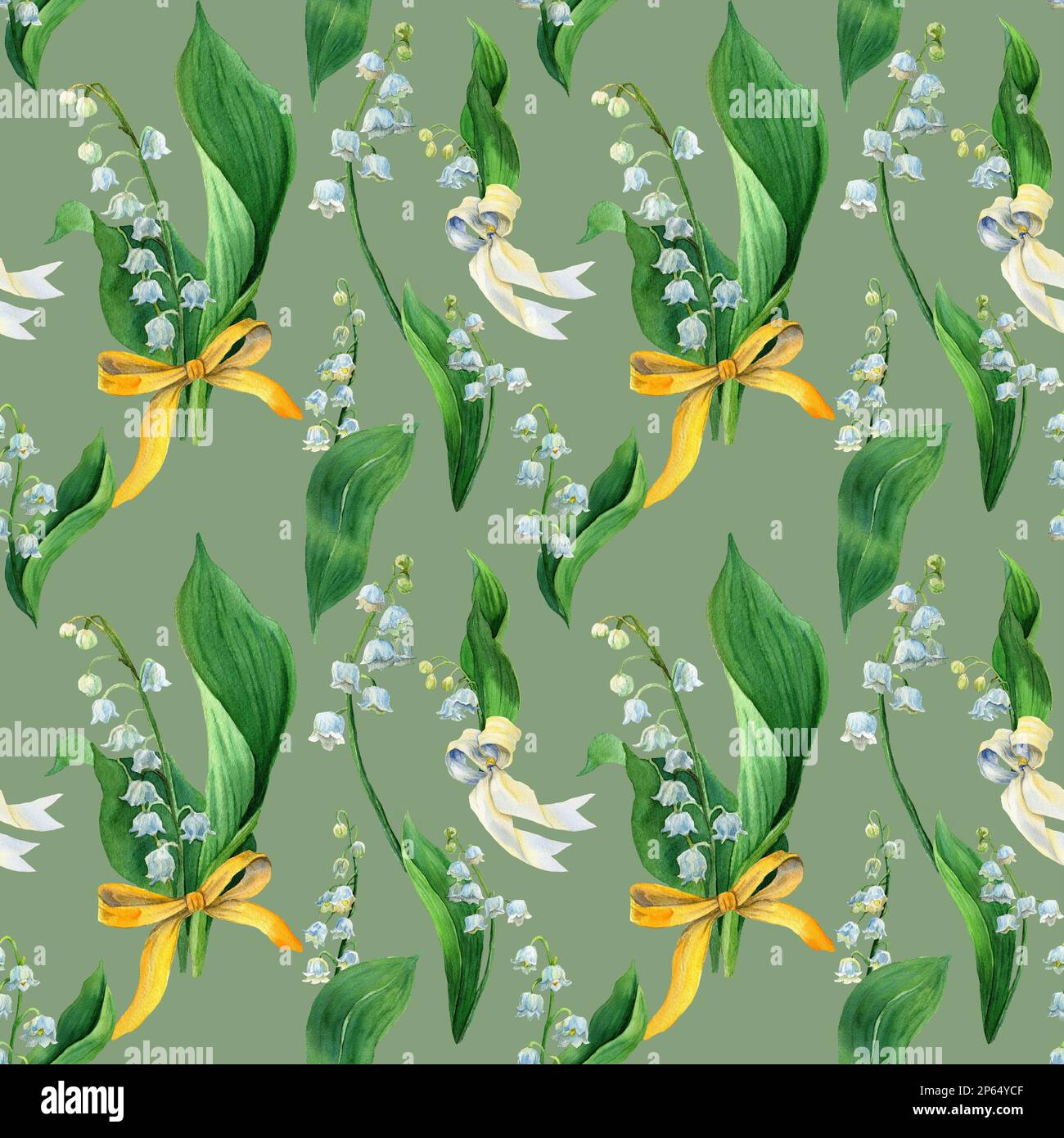Watercolor seamless pattern lily of the valley, white flowers and green ...