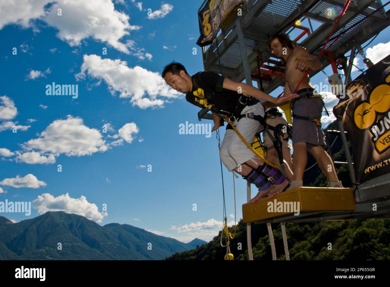 Switzerland, Canton Ticino, Verzasca dam, Bungee jumping Stock Photo