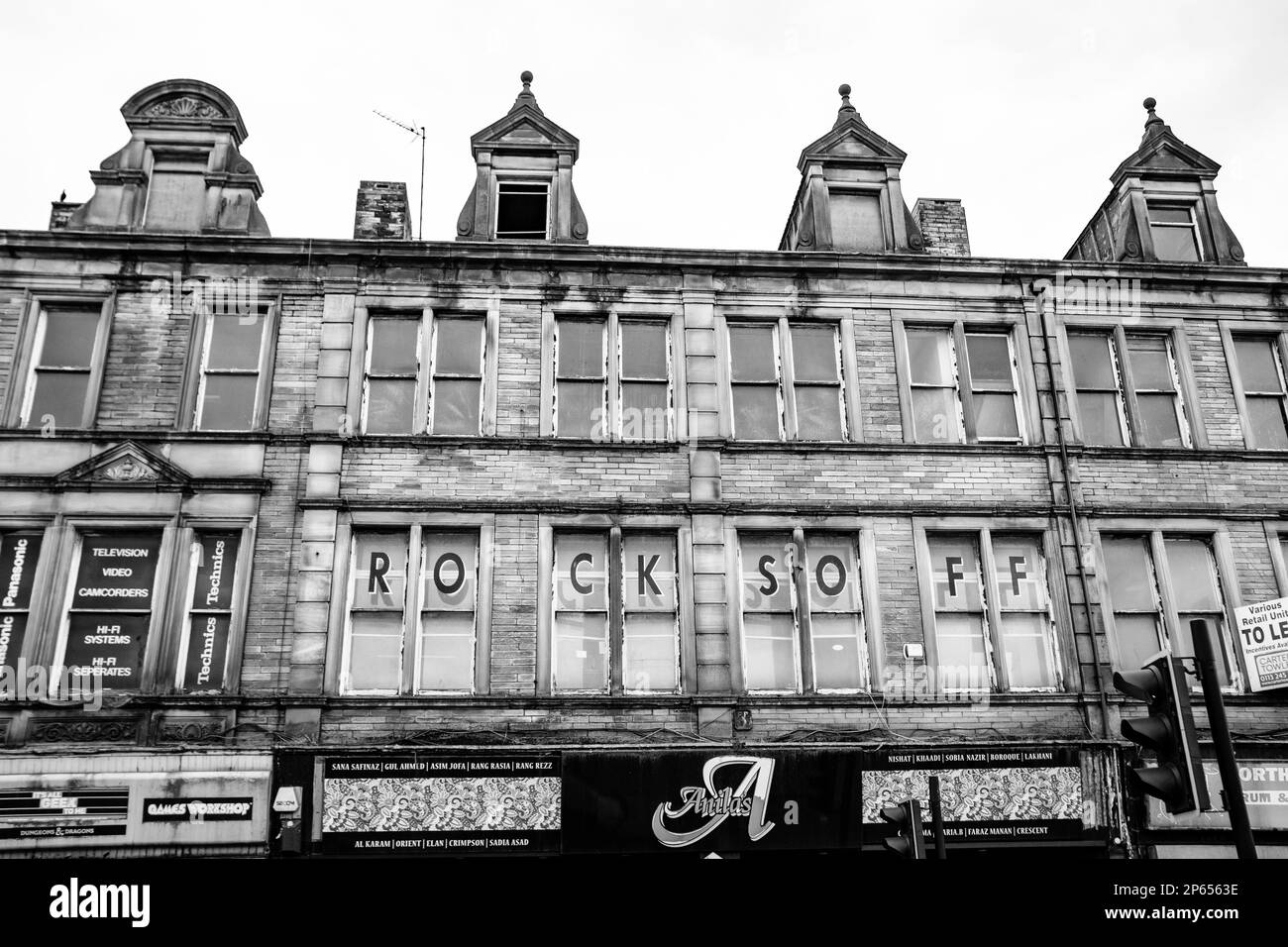 Run down buildings in the centre of Bradford City Centre Stock Photo