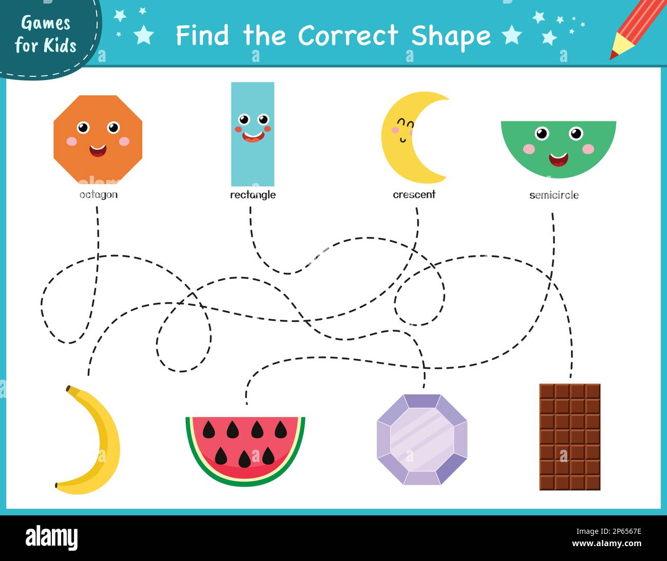 Find the correct shape. Maze game for kids. Learning shapes activity page Stock Vector