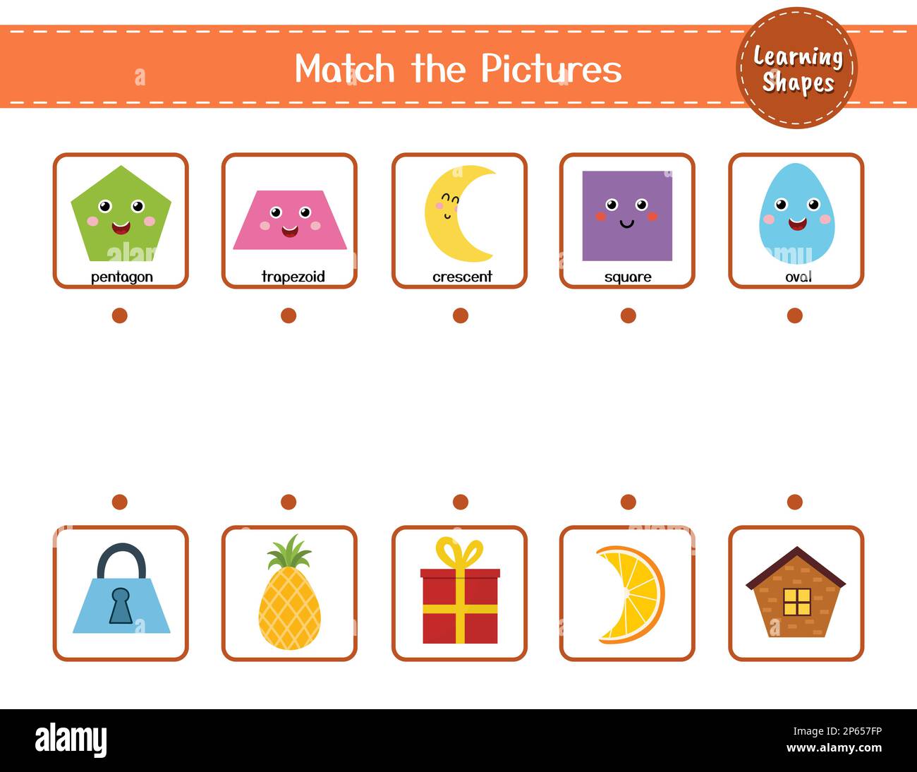 Match the shapes with objects. Puzzle activity page for kids Stock