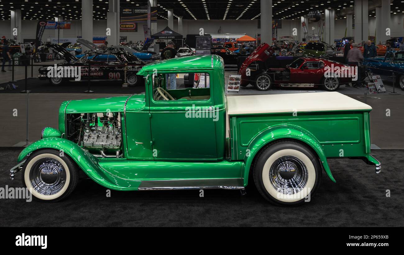 DETROIT, MI/USA - February 24, 2023: 'Grasshopper', a 1931 Ford Model A Pickup truck interpretation, Detroit AutoRama. Builder: Alexander Brothers Stock Photo