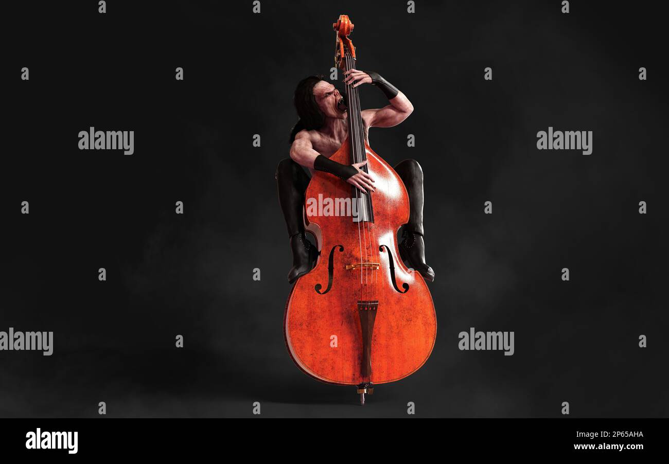 3d Illustration Devil pose and plays a double bass surrounded on dark background with clipping path. Death Rock Musician. Symphony rock party Stock Photo