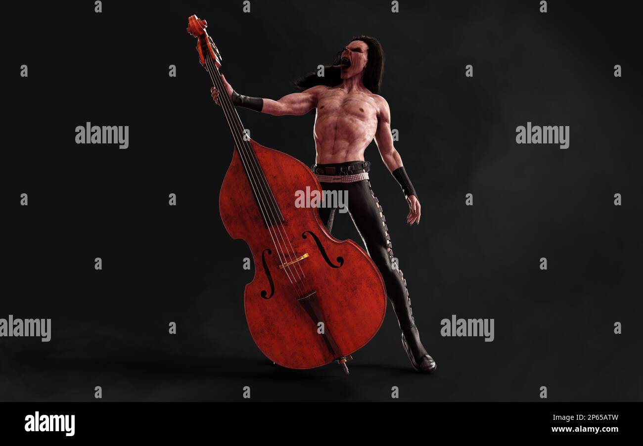 3d Illustration Devil pose and plays a double bass surrounded on dark background with clipping path. Death Rock Musician. Symphony rock party Stock Photo