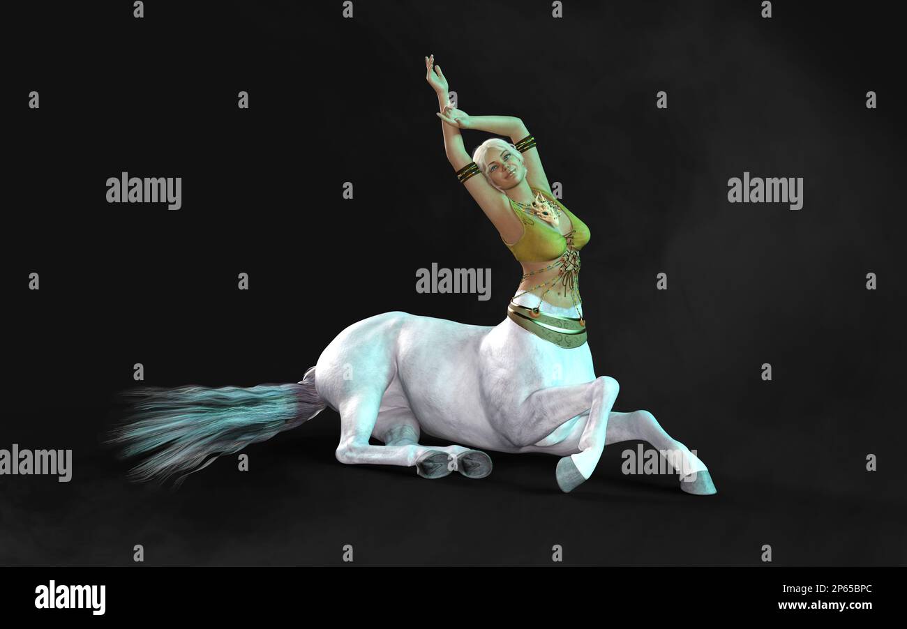 3d Illustration of The Female White Centaur Pose on Dark Background with Clipping Path. Stock Photo