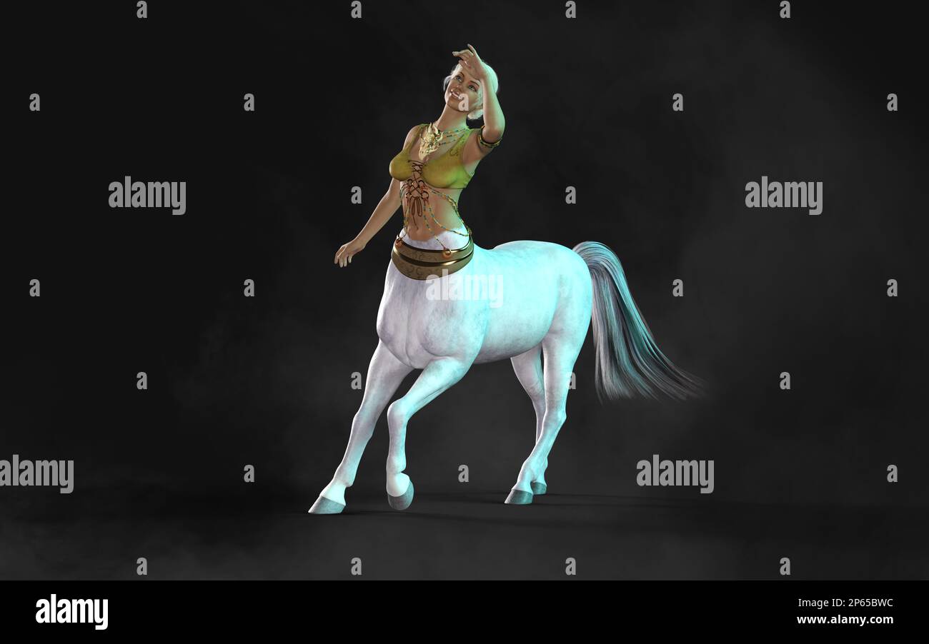 3d Illustration of The Female White Centaur Pose on Dark Background with Clipping Path. Stock Photo