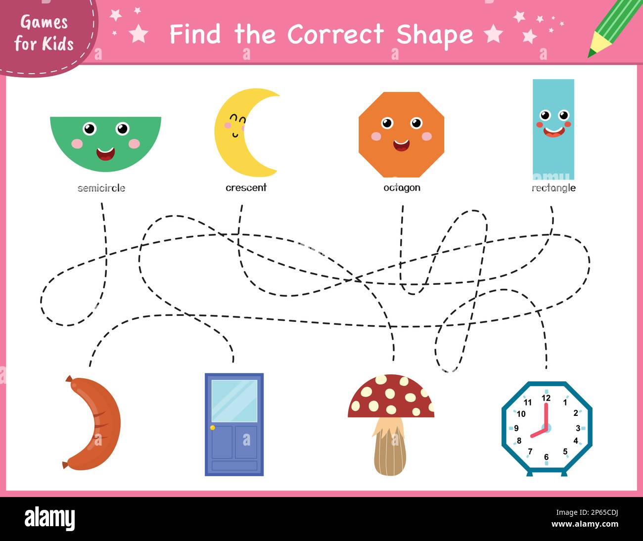 Find the correct shape puzzle game. Maze for kids. Learning shapes activity page Stock Vector