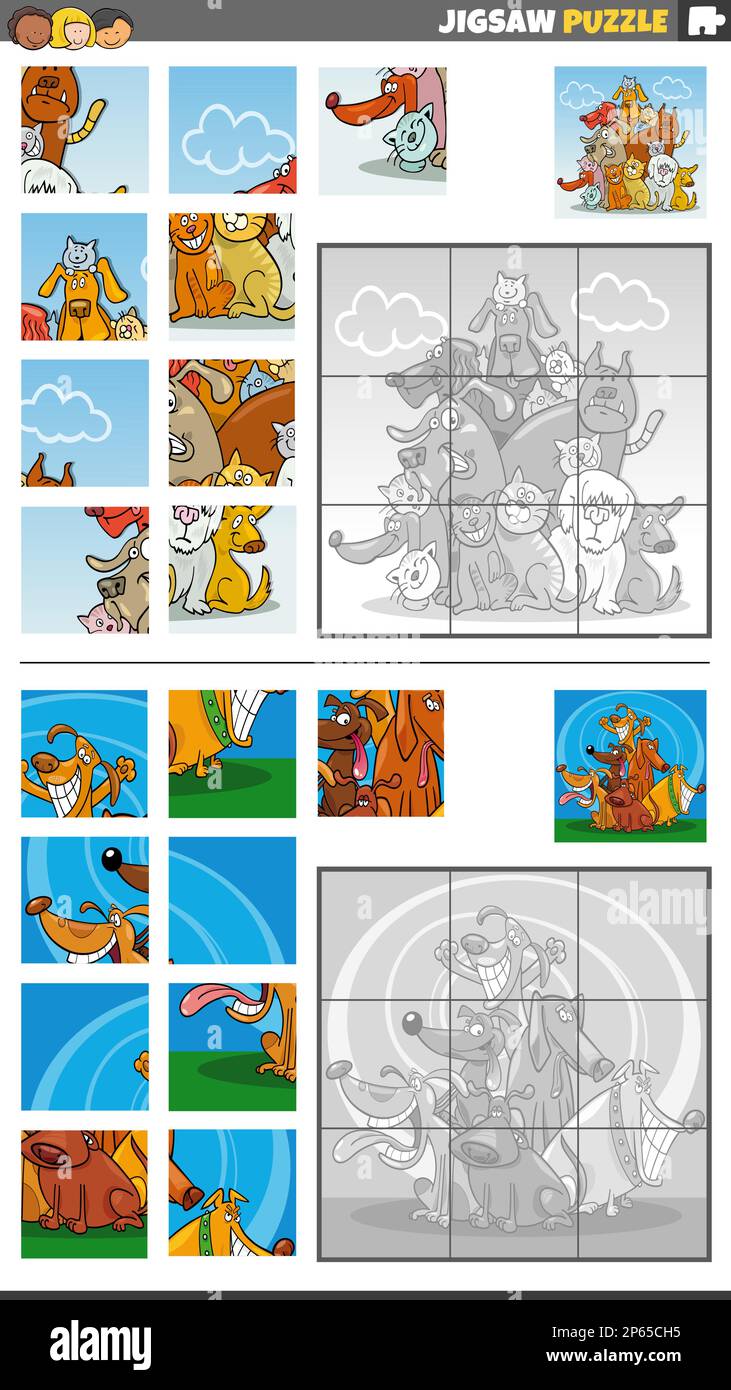 Cartoon illustration of educational jigsaw puzzle games set with funny dogs animal characters Stock Vector