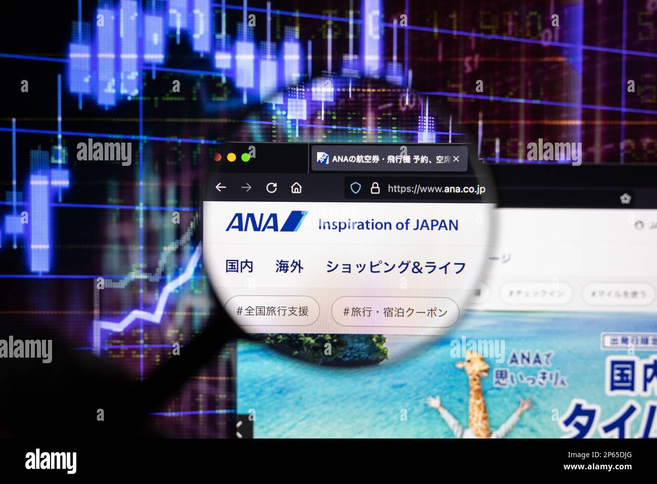 ANA airline company logo on a website with blurry stock market developments in the background, seen on a computer screen through a magnifying glass Stock Photo
