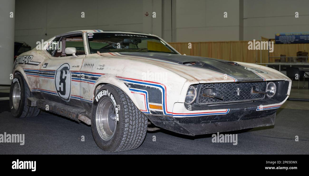 DETROIT, MI/USA - February 24, 2023: A 1972 Ford Mach 1 Mustang in the movie Horse Force, at the Detroit AutoRama. Stock Photo