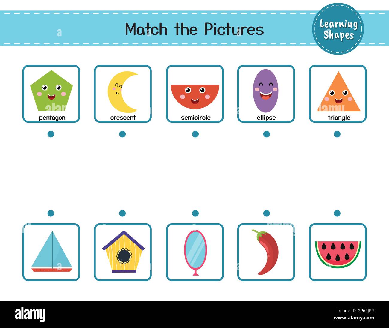 Match the shapes with objects. Puzzle activity page for kids. Learning