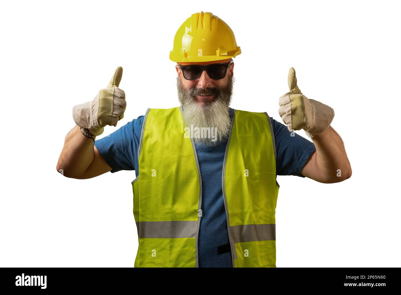 Man with white beard dressed in yellow helmet and reflective vest holding thumbs up Stock Photo