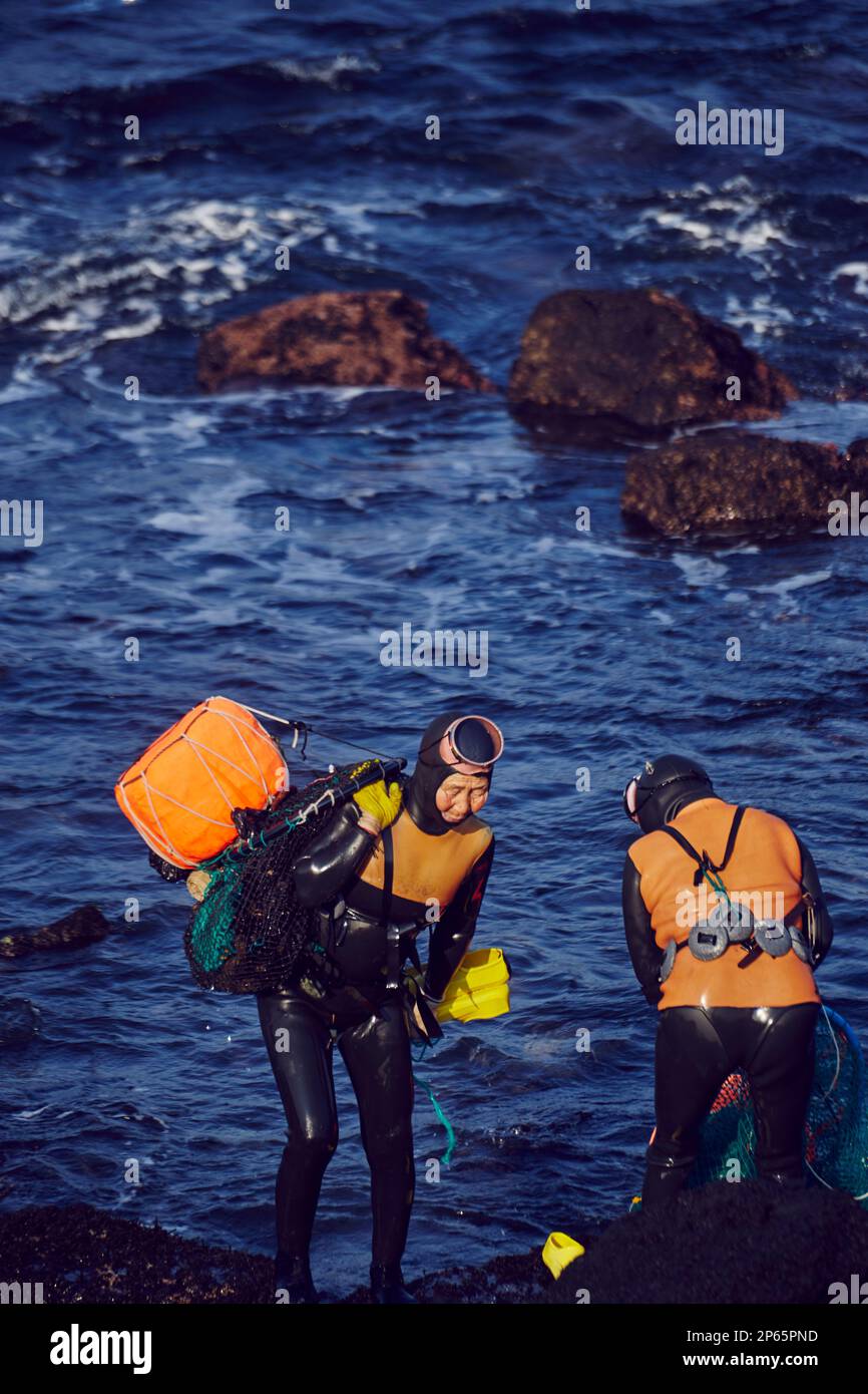 Haenyeo, the female divers in the Jeju island, South Korea Stock Photo