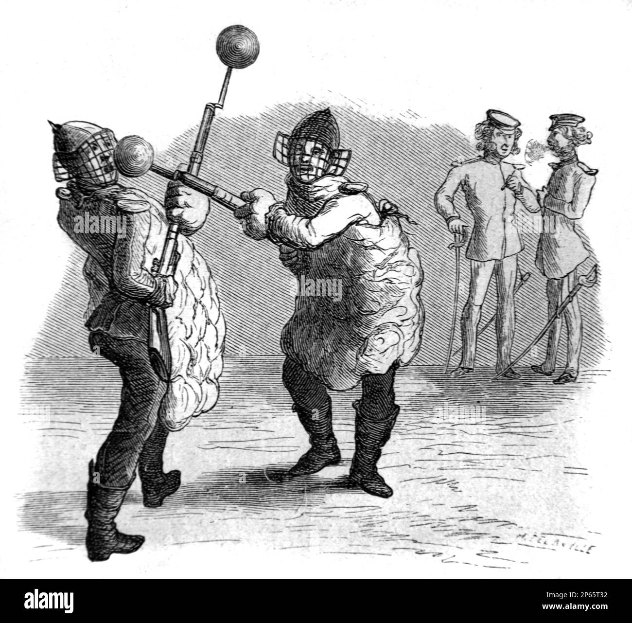 Early Fencers Practising Fencing with Bayonets Protected with Rubber Balls Munich Germany. Vintage Engraving or Illustration 1862 Stock Photo
