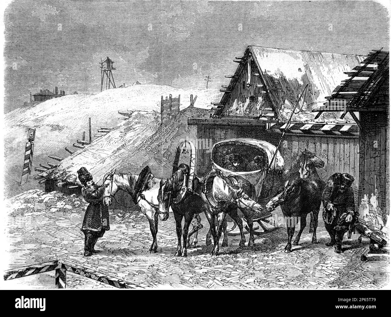 Sleigh Stagecoach Halts at a Staging Post, aka Stage Station, Relay Station, Posting Station, or Stage Stop, Siberia, Russia. Vintage Engraving or Illustration 1862 Relais Russe Siberia 1862 Stock Photo