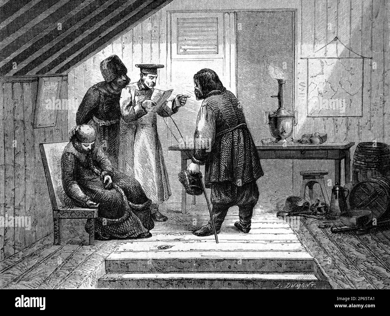 Man Reading Letter in Postal Relay Station, Staging Post or Stage Stop in Siberia Russia. Vintage Engraving or Illustration 1862 Stock Photo