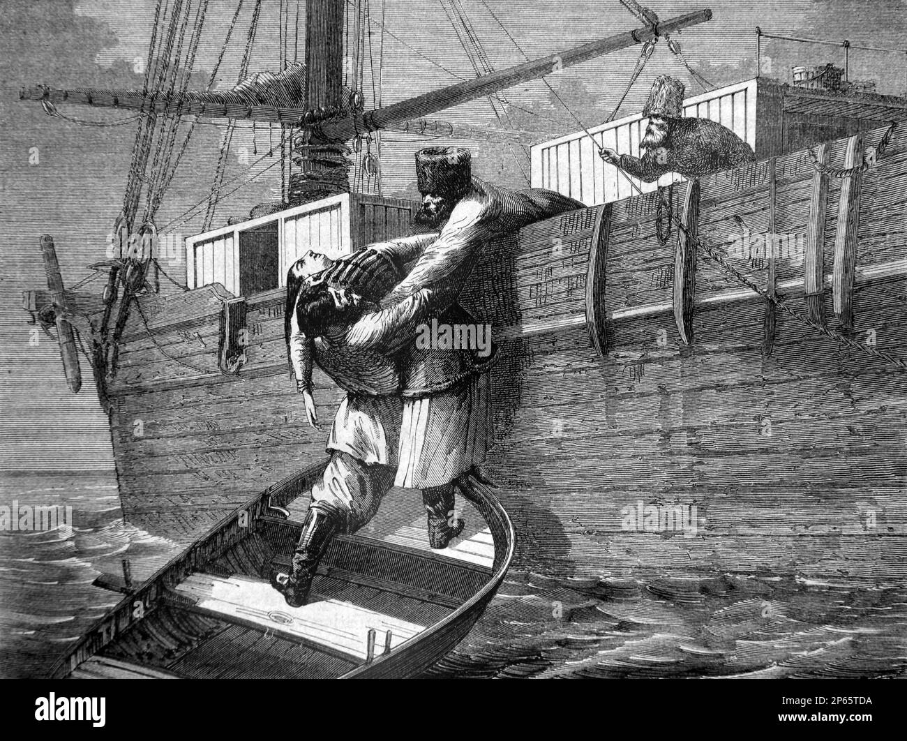 Russian Sailors on Wooden Cargo Ship Rescue Man from Sea Russia. Vintage Engraving or Illustration 1862 Stock Photo