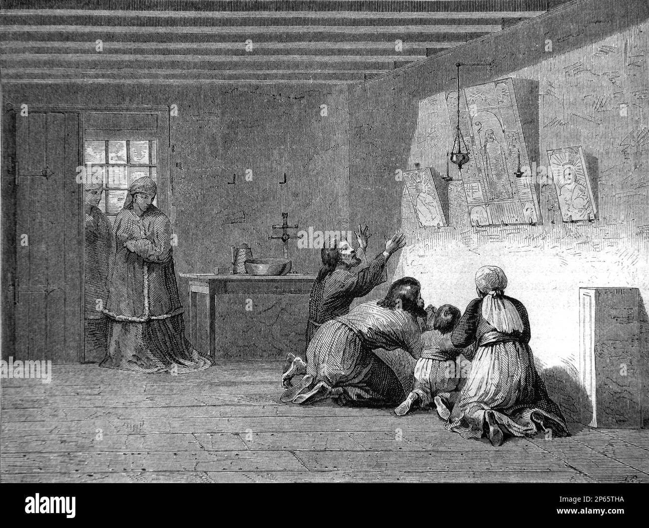Family of Orthodox Christians Worshipping Icons or Adoration of Images in Siberia Russia. Vintage Engraving or Illustration 1862 Stock Photo