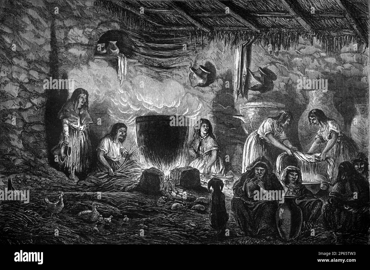 Distillery & Consumption of Chicha, a fermented alcoholic drink, corn beer or non-fermented beverage,  among the Quechua or Quichua People of South America. Vintage Engraving or Illustration 1862 Stock Photo