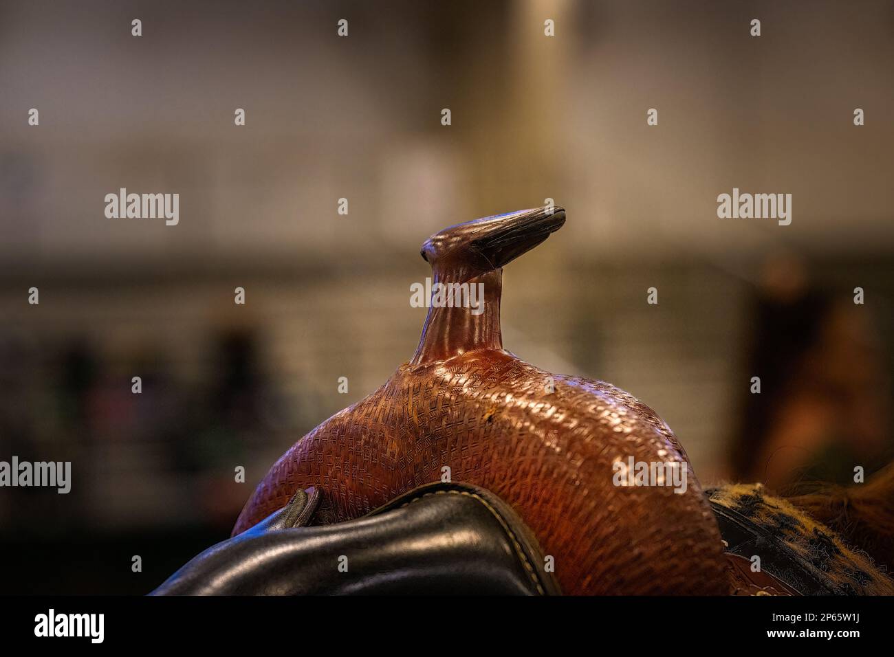 Closeup horse saddle brown leather straps metal accents bridle reins