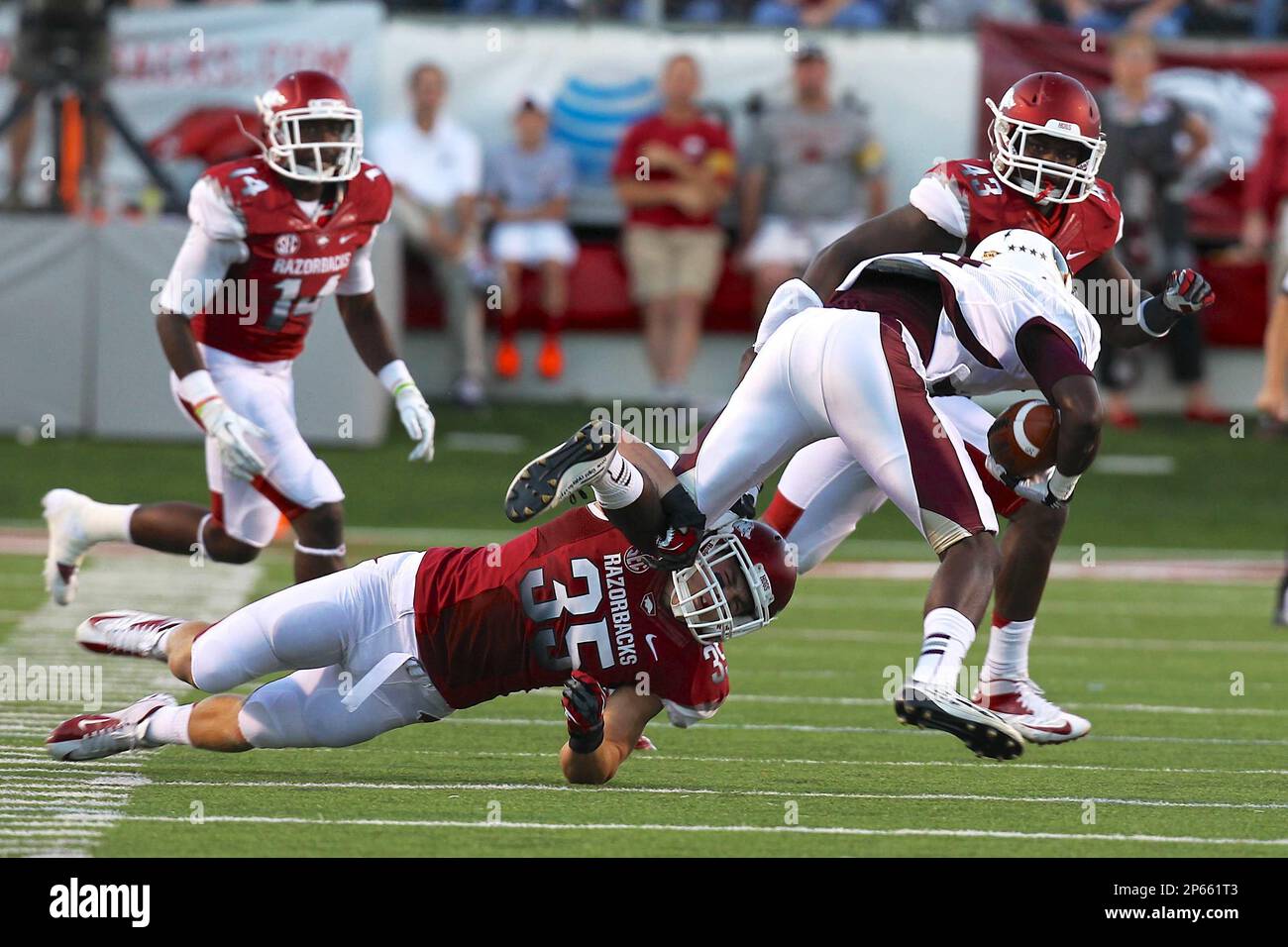Sep 8, 2012: Razorback safety Ross Rasner #35 makes a first downing ...