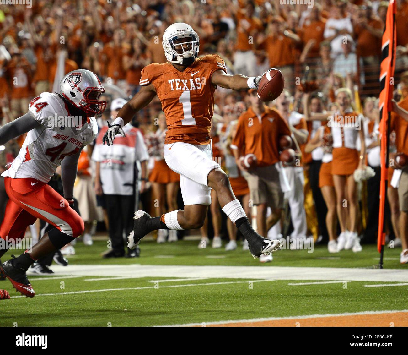 Sept 8, 2012 **Halftime**.. WR Mike Davis #1 of the Texas Longhorns in  action vs the New Mexico Lobos at Darrell K. Royal-Texas Memorial Stadium.  Texas leads New Mexico 17-0 at the