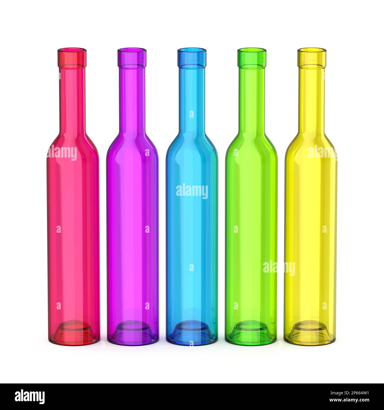 Row with empty five glass bottles with different colors on white background Stock Photo