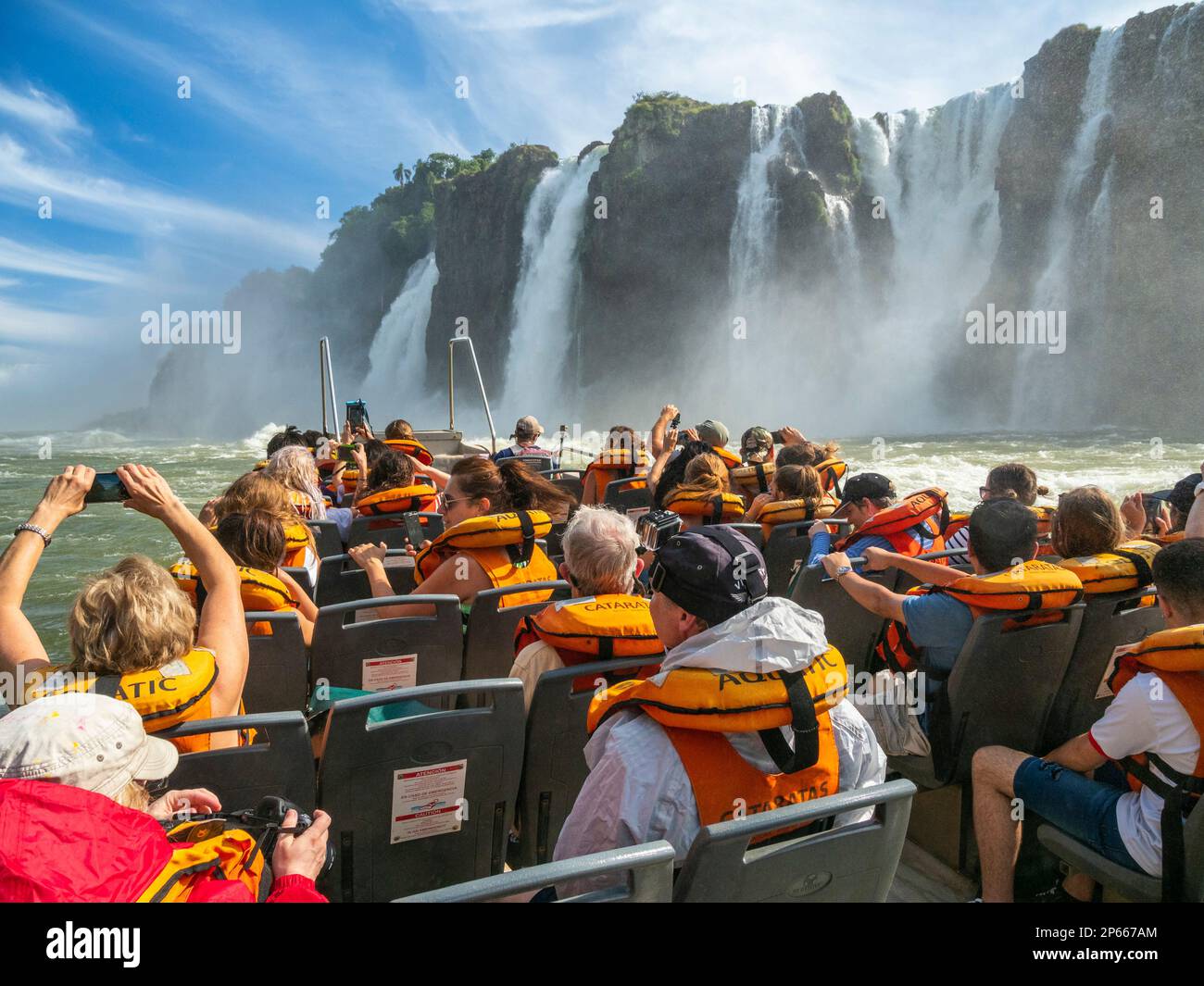A view of the boat ride from the lower circuit at Iguazu Falls, UNESCO World Heritage Site, Misiones Province, Argentina, South America Stock Photo