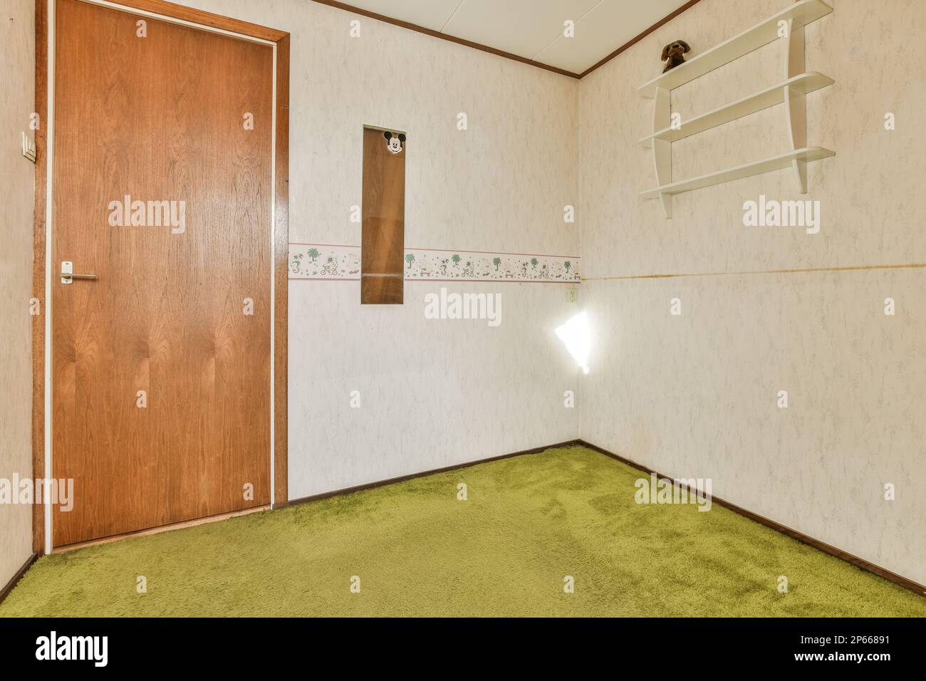 a room with green carpet and white wallpaper on the walls, there is an