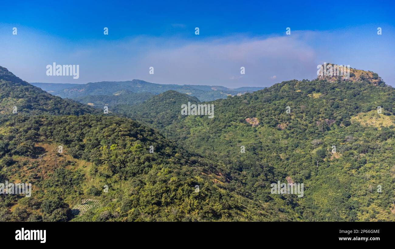 Aerial of the forested mountains near Mamou, Futa Djallon, Guinea, West Africa, Africa Stock Photo