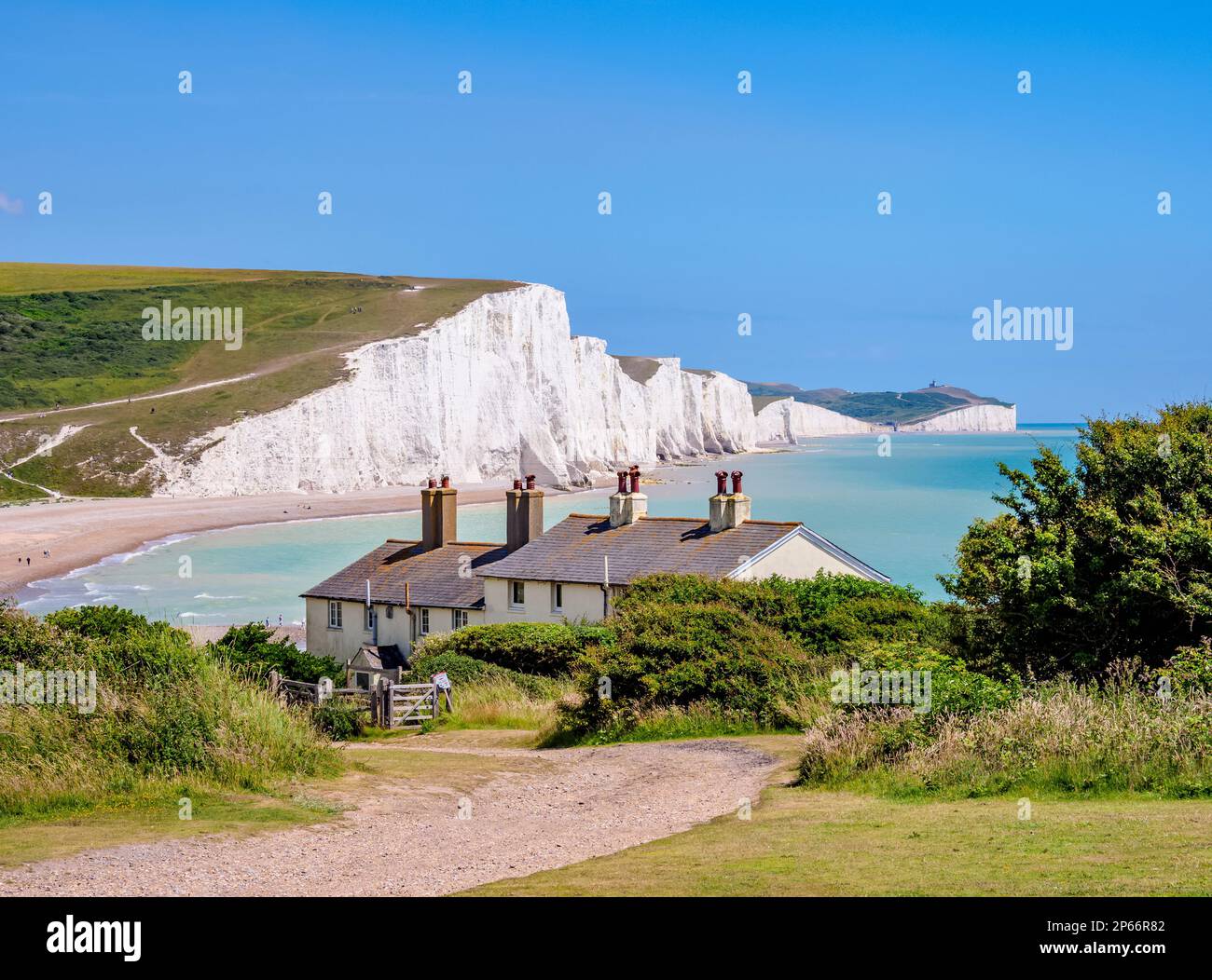 Coastguard Cottages and Seven Sisters Cliffs, Cuckmere Haven, South Downs National Park, East Sussex, England, United Kingdom, Europe Stock Photo