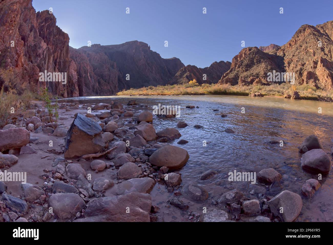 The Colorado River from its south shoreline near Phantom Ranch at Grand Canyon, Arizona, United States of America, North America Stock Photo