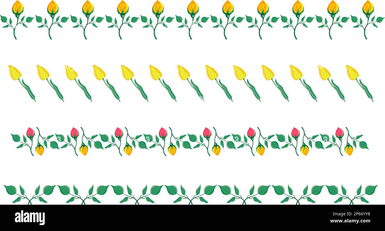 Graphical borders with rose flowers and tulips colored in yellow on transparent background Stock Vector