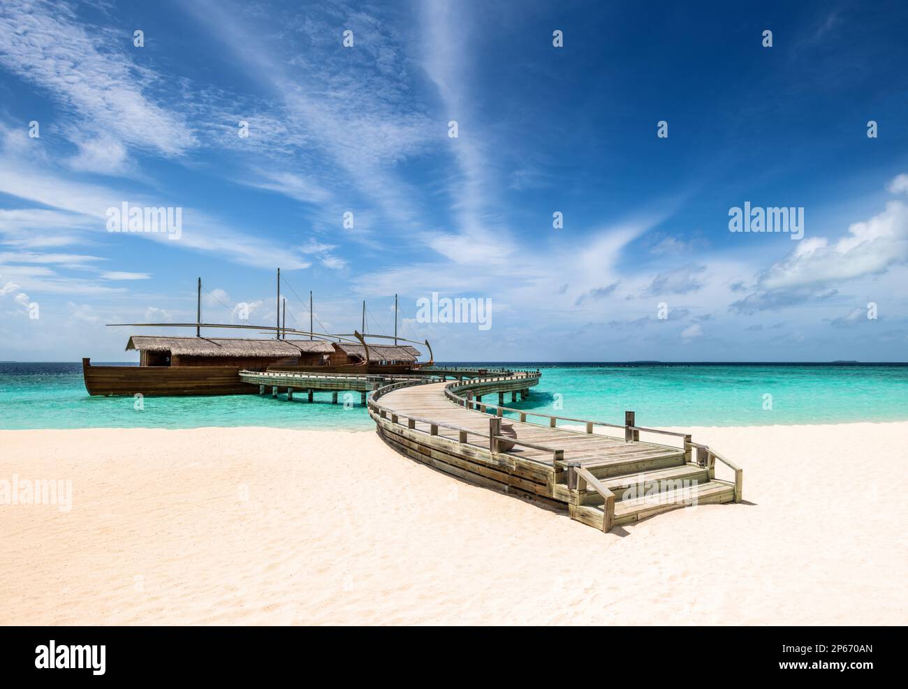 A jetty to a dhoni, a traditional Maldivian fishing boat, Baa Atoll, Maldives, Indian Ocean, Asia Stock Photo