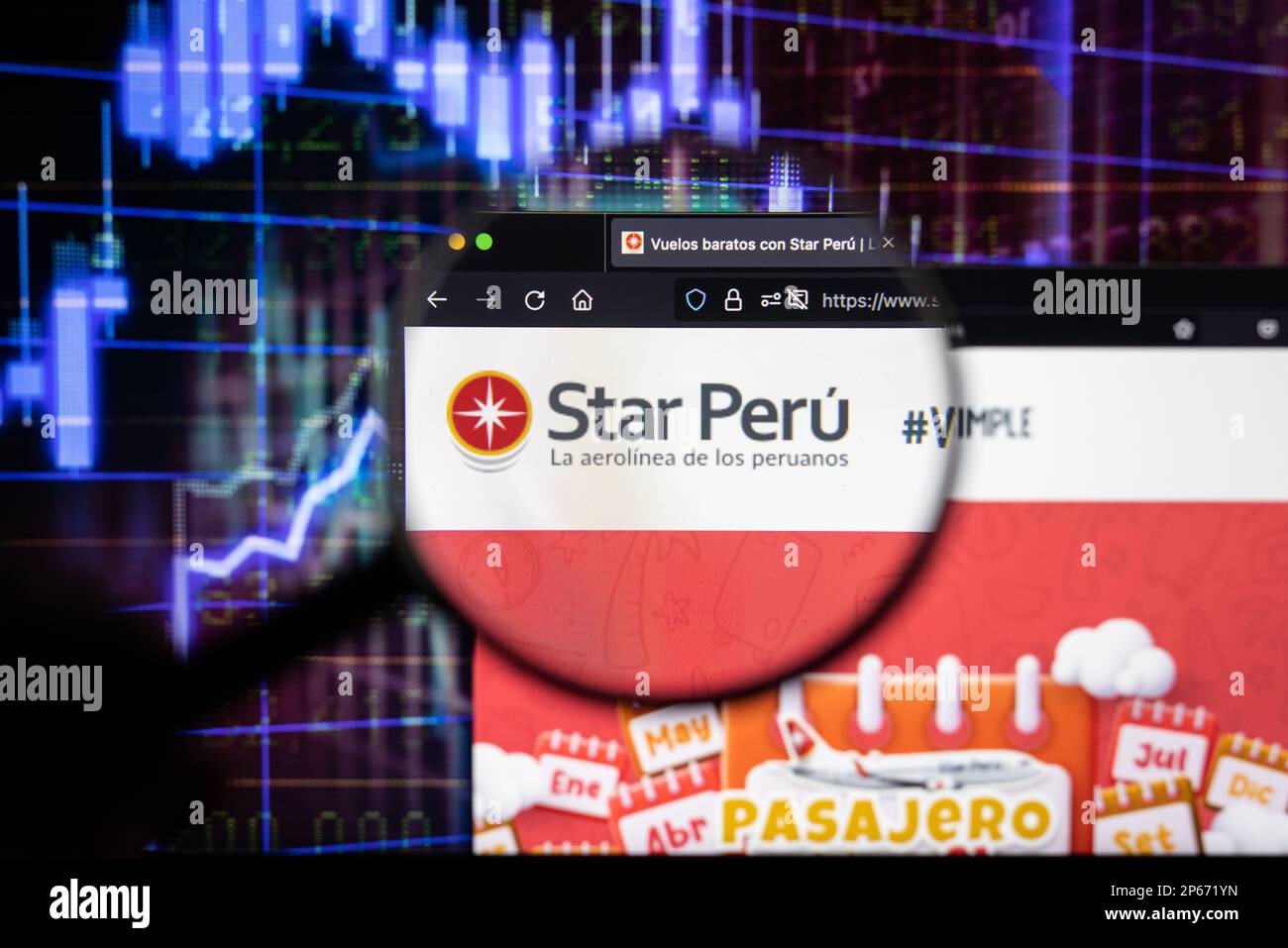 Star Peru company logo on a website with blurry stock market developments in the background, seen on a computer screen through a magnifying glass Stock Photo
