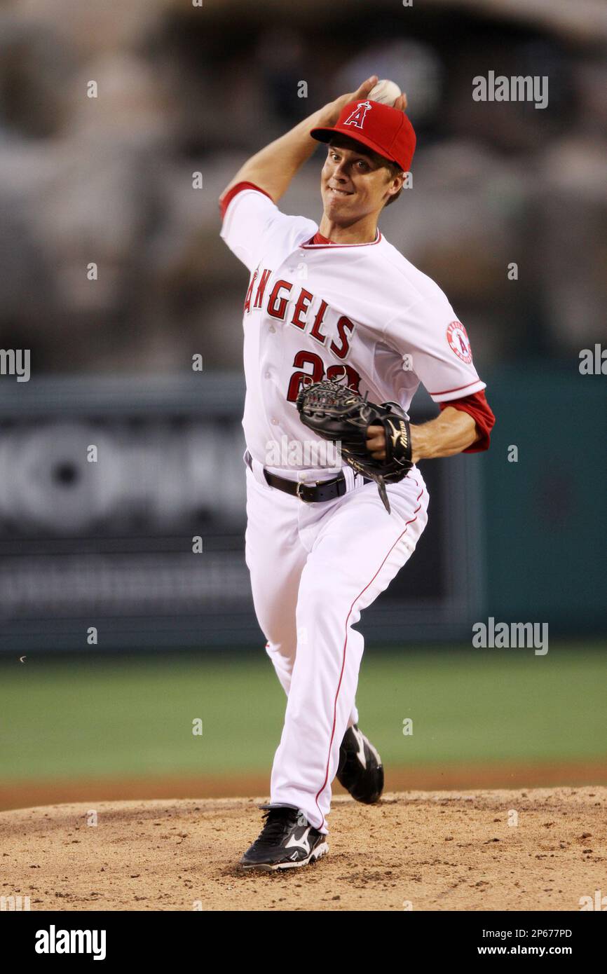Zack Greinke #23 of the Los Angeles Angels pitches against the Cleveland  Indians at Angel Stadium on August 14, 2012 in Anaheim, California. Los  Angeles defeated Cleveland 9-6. (Larry Goren/Four Seam Images