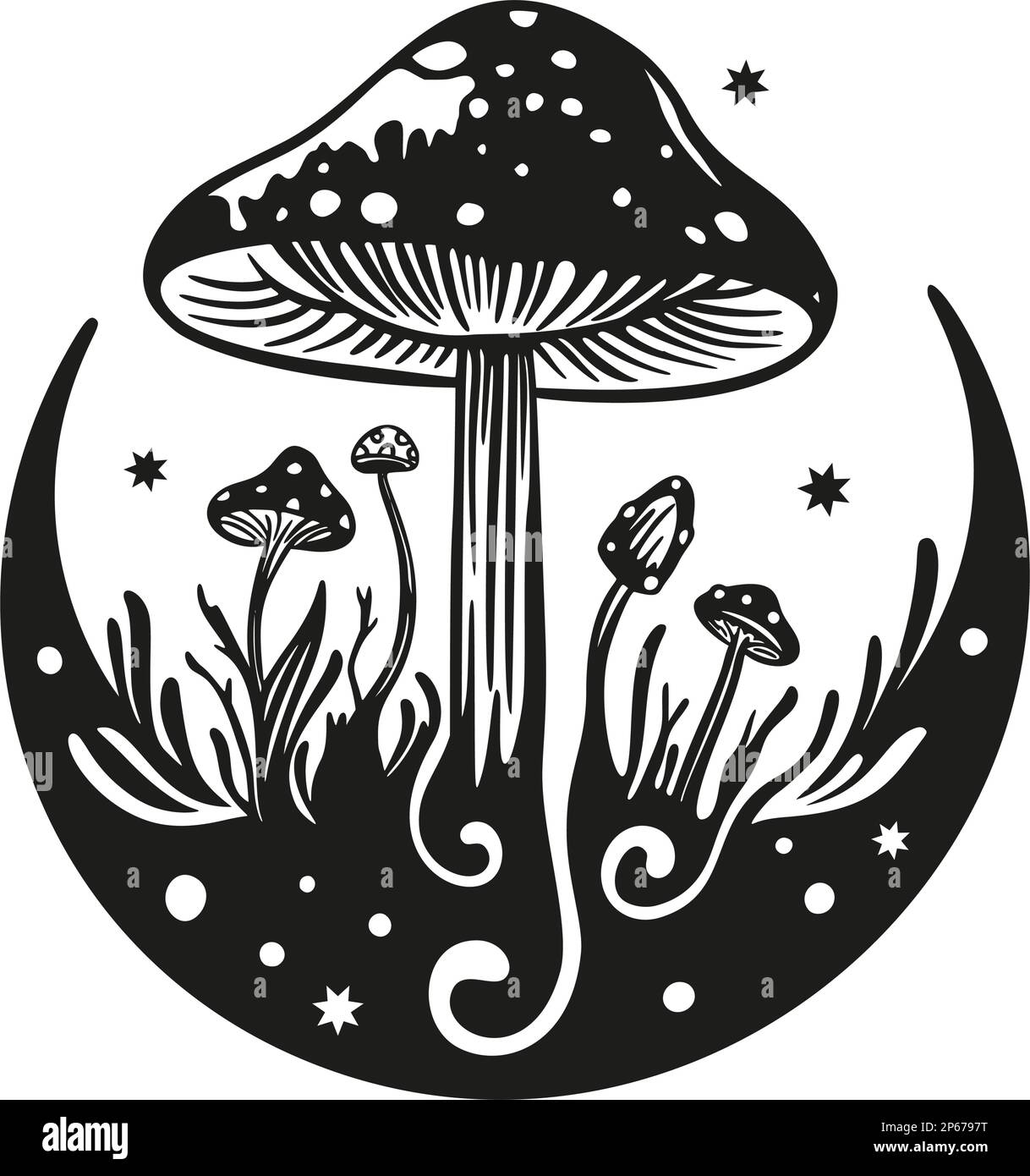 Magic mushroom moon and stars vector silhouette, black line contour drawing. Celestial fungus print Stock Vector