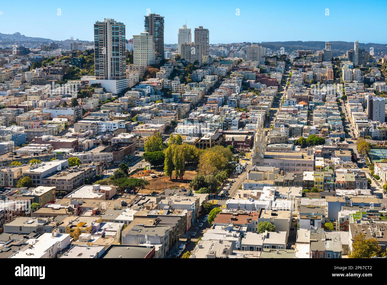 Elevated view of Russian Hill neighborhood and Washington Square seen from Coit Tower, San Francisco, California, United States of America Stock Photo