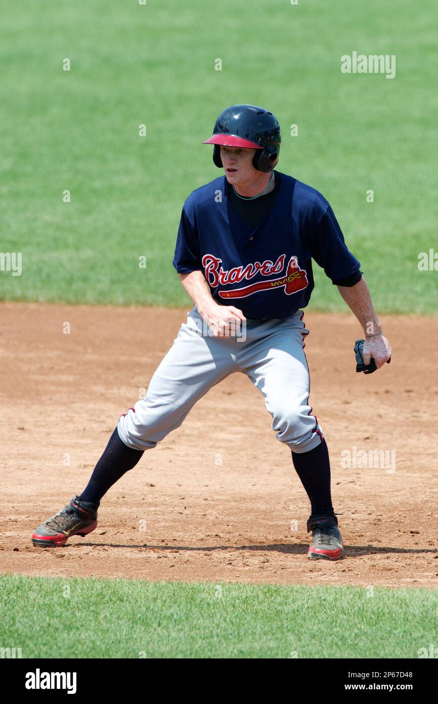 Clint Frazier #19 of Loganville High School in Loganville, Georgia playing  for the Atlanta Braves scout team during the East Coast Pro Showcase at  Alliance Bank Stadium on August 1, 2012 in