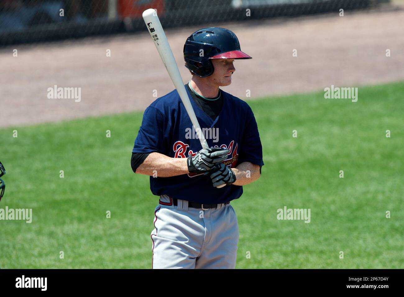 Clint Frazier #19 of Loganville High School in Loganville, Georgia playing  for the Atlanta Braves scout team during the East Coast Pro Showcase at  Alliance Bank Stadium on August 1, 2012 in