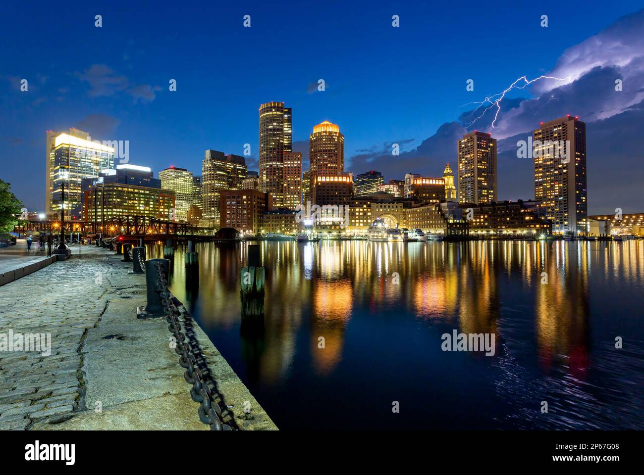 Lightning over Boston Waterfront, Boston, Massachusetts, New England, United States of America, North America Stock Photo