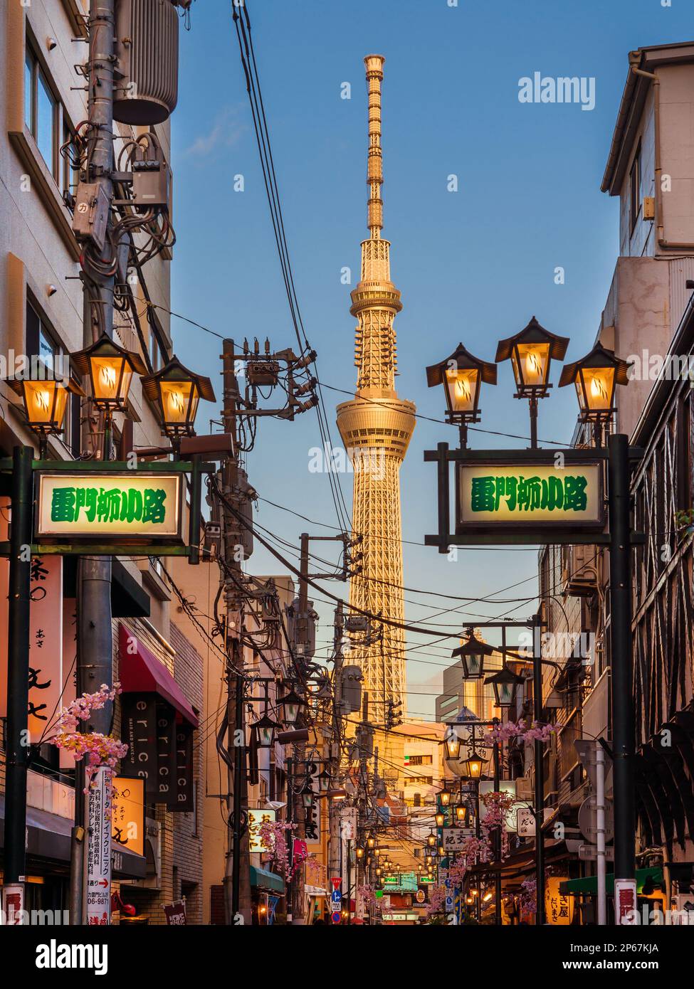 View of the famous Tokyo Skytree from Kaminarimon Yanagi-kōji Street in old Asakusa district Stock Photo