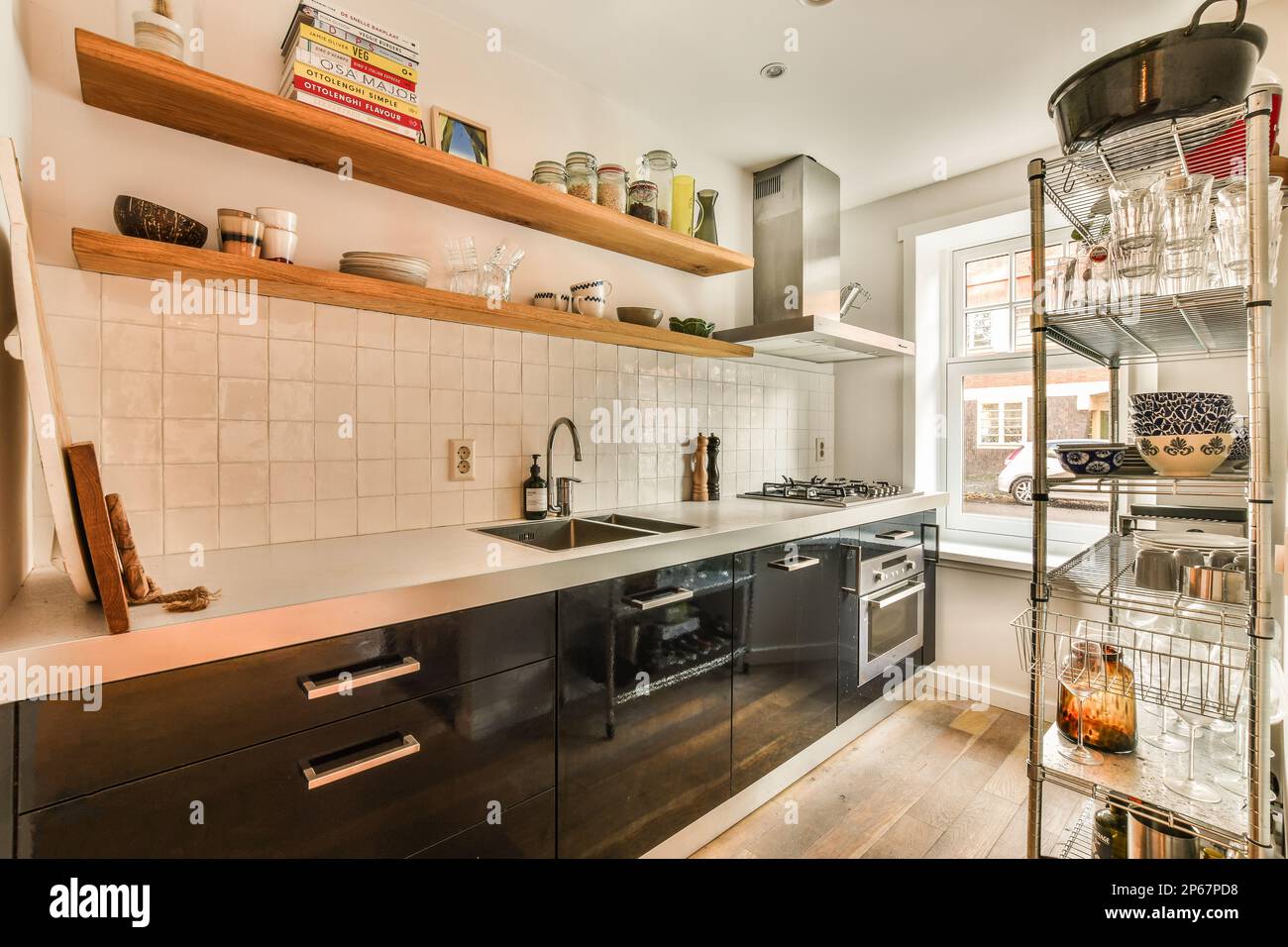 Amsterdam, Netherlands 10 April, 2021 a kitchen with wooden shelves