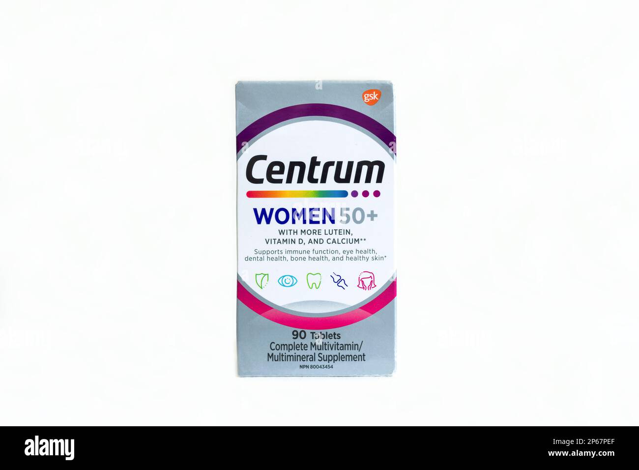Bottle of Centrum Women 50 plus supplements and vitamins Stock Photo