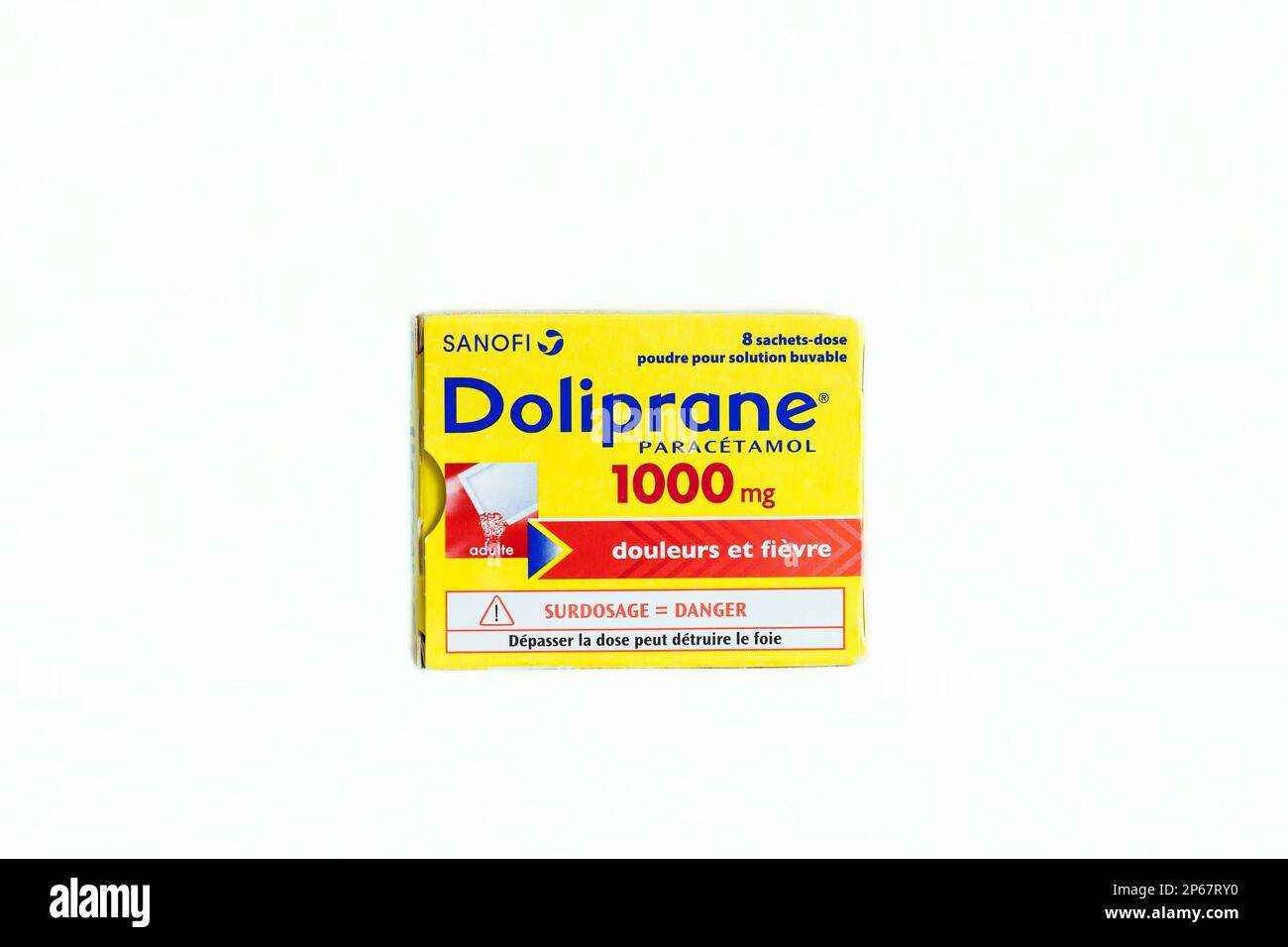 Doliprane 1000 mg from Sanofi, Paracetamol tablets painkiller Stock Photo